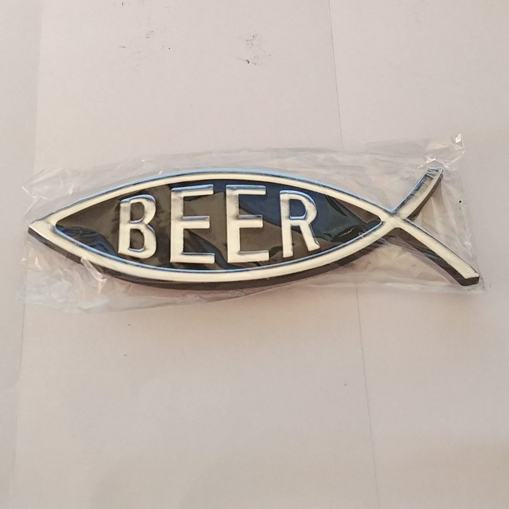 Beer Fish Emblem Dawin Funny Sticker Chrome New